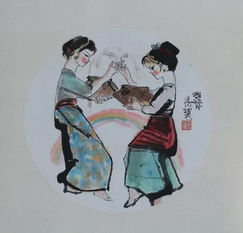 Cheng Shifa, Girls Throwing Water, Watercolor on Illustration Board
