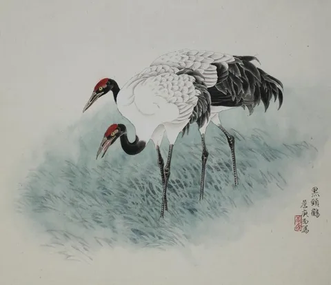 Two Black-necked Cranes Walking by Zhan Gengxi, Watercolor on Rice Paper, sold Apr 2020