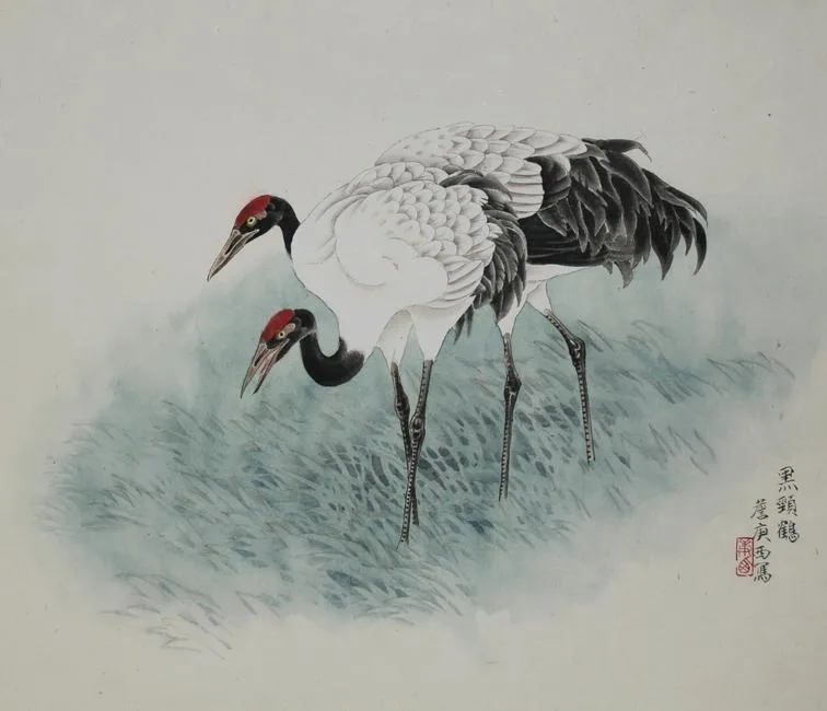 Two Black-necked Cranes Walking by Zhan Gengxi, Watercolor on Rice Paper, sold Apr 2020