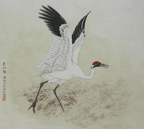 One Whooping Crane Flapping Wings by Zhan Gengxi, Watercolor on Rice Paper, sold Apr 2020
