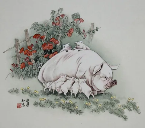 Mother Pig w/ Babies by Zhan Gengxi, Watercolor on Rice Paper, sold Apr 2020