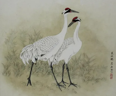Two Whooping Cranes Standing by Zhan Gengxi, Watercolor on Rice Paper, sold Apr 2020