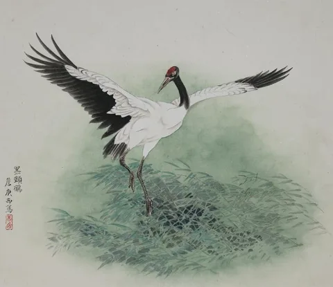 Black-necked Crane Flapping Its Wings by Zhan Gengxi, Watercolor on Rice Paper, sold Apr 2020