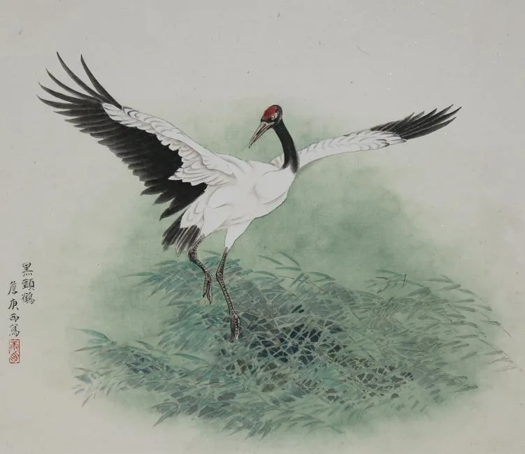 Black-necked Crane Flapping Its Wings by Zhan Gengxi, Watercolor on Rice Paper, sold Apr 2020