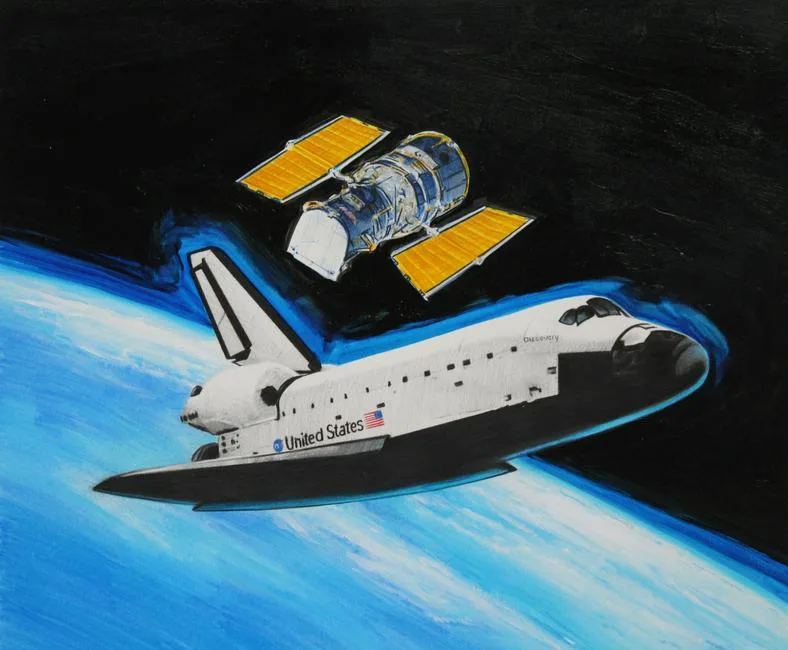 Discovery - Deploying the Hubble by Paul Calle, Mixed Media on Illustration Board, sold Apr 2020