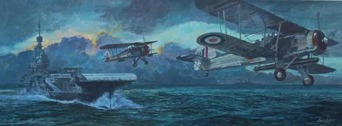 HMS Illustrious and Fairey Swordfish I by Brian Sanders, Oil on Canvas, sold Apr 2020