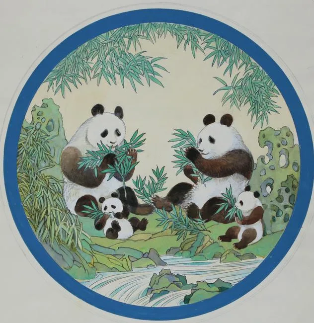 Sun Chuanzhe, Mother Pandas and Their Babies, Watercolor on paper