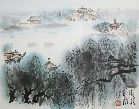 Yang Wenqing, Shouxi Lake, Watercolor on Rice Paper