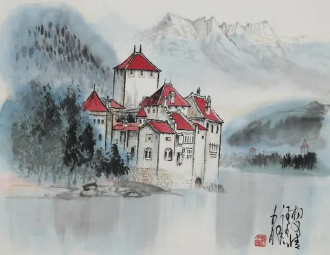 Yang Wenqing, Lemans Lake, Watercolor on Rice Paper