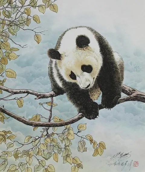 Xu Yanbo, Panda Clinging to Branch, Watercolor