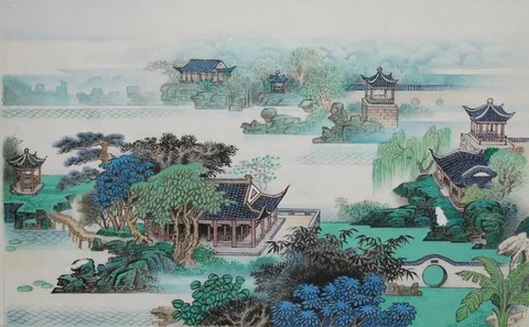 Yang Wenqing, Suzhou Gardens, Mixed Media on Rice Paper