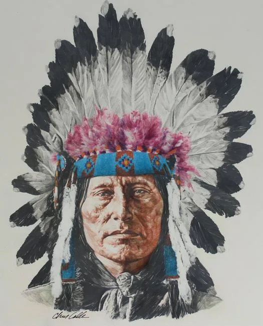 Flathead Headdress by Chris Calle, Mixed Media on Illustration Board, sold Apr 2020
