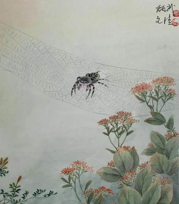 Jumping Spider by Yan Bingwu, Watercolor on Silk, sold Apr 2020