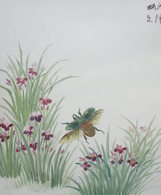 Eastern Hercules Beetle by Yan Bingwu, Watercolor on Silk, sold Apr 2020