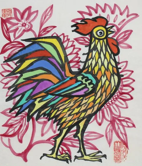 Zou Jianjun, Year of the Rooster, Watercolor on Rice paper