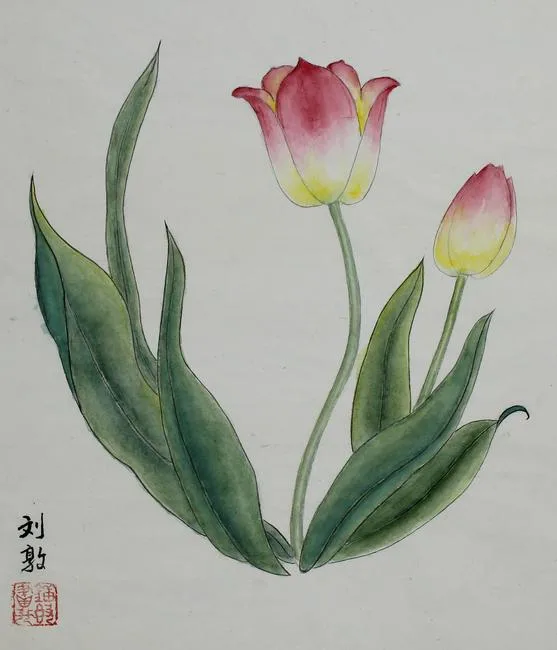 Liu Dun, Red & Yellow Tulips, Watercolor on Illustration Board