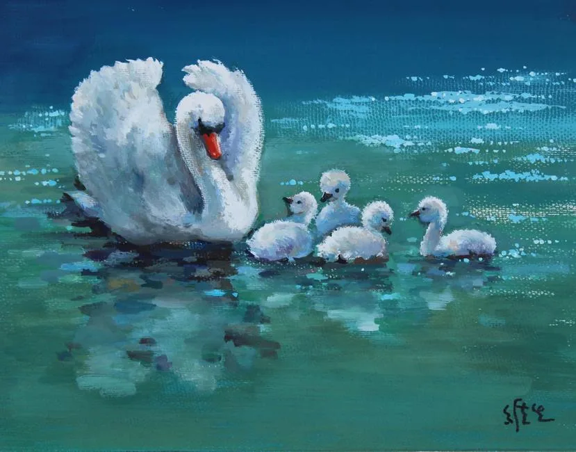 Wan Weisheng, Mother Swan and Chicks, Tempera on Watercolor Paper