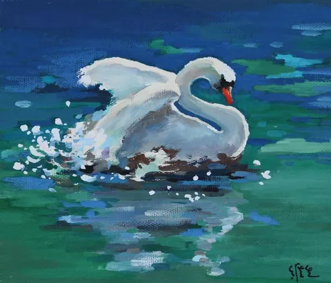 Wan Weisheng, Swan Swimming in Pond, Tempera on Watercolor Paper