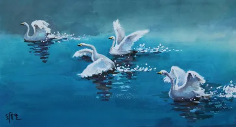 Wan Weisheng, Four Swans Landing in Pond, Tempera on Watercolor Paper