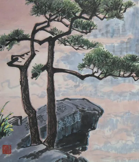 Wu Jiankun, Stones and Pines in Lushan Mountains, Mixed Media on Rice Paper