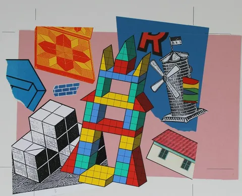 Dan Fern, Toy Building Blocks, mixed media on Illustration Board