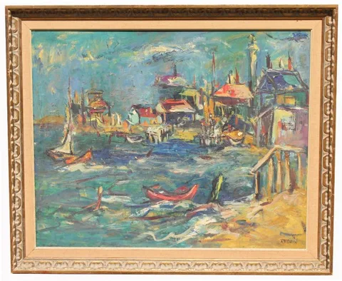 Alex Redein, Fishing Village, oil on board