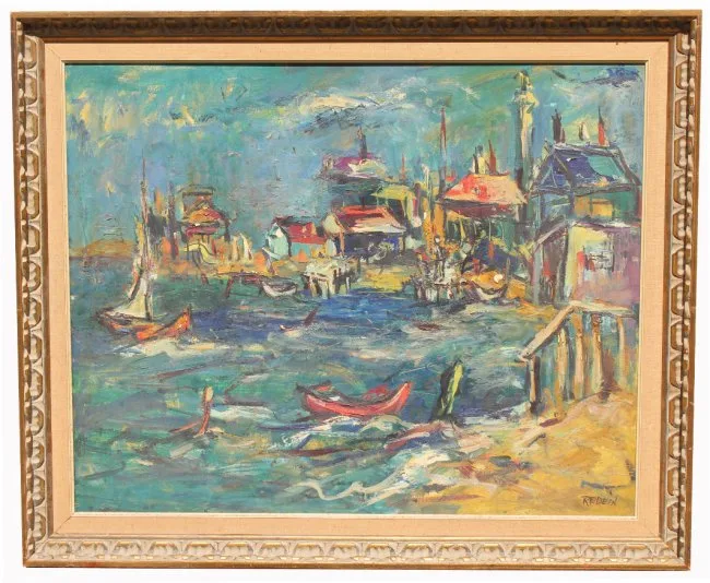 Alex Redein, Fishing Village, oil on board