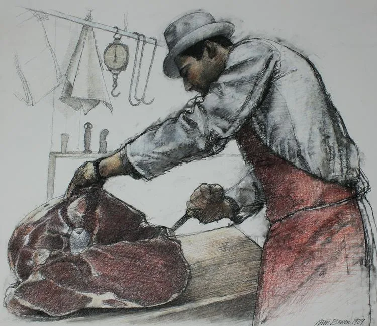 The Butcher by Keith Bowen, Charcoal on Watercolor Paper, sold Apr 2020