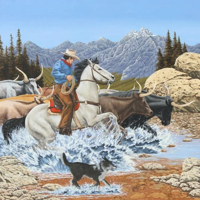 Herd / Trail Drive by R.G. Finney, Acrylic on Wood, sold Apr 2020