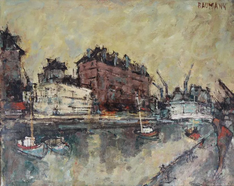 Joseph Raumann, Bateaux Grues a Rouen, Oil on Canvas