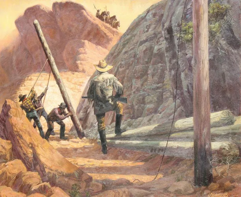 Telegraph Line Construction by Shannon Stirnweis, Oil on painting Illustration Board, sold May 2020