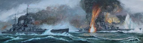 Sinking of HMS Prince of Wales & HMS Hood by Brian Sanders, Oil on Canvas, sold May 2020