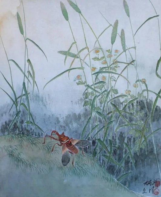 Assassin Bug by Yan Bingwu, Watercolor on Silk, sold May 2020