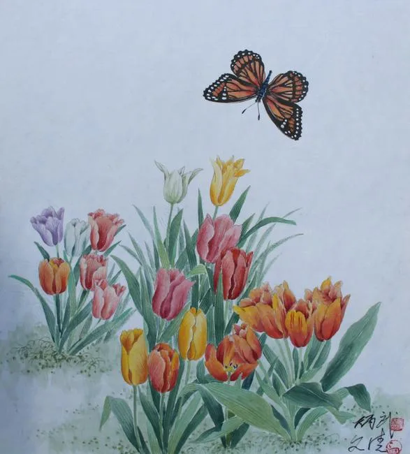 Monarch Butterfly by Yan Bingwu, Watercolor on Silk, sold May 2020