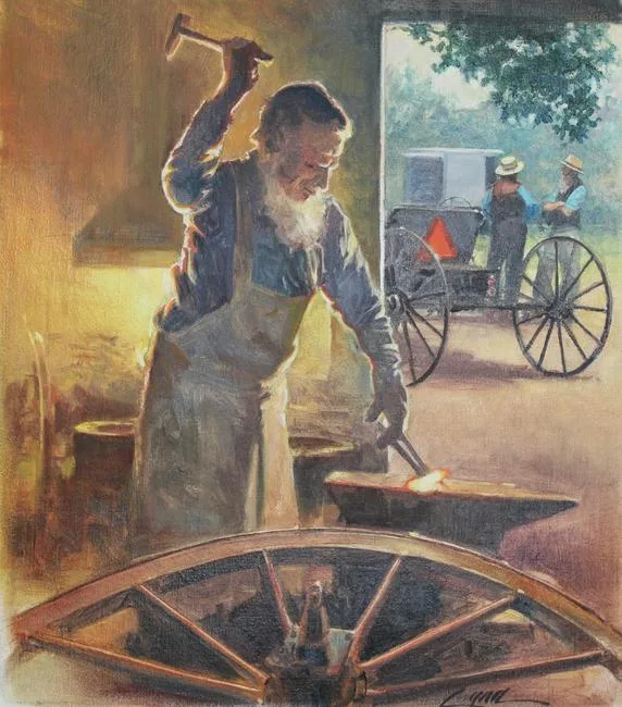 Amish Blacksmith by Dennis Lyall, Oil on Canvas, sold May 2020