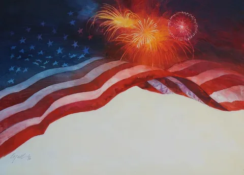 Dennis Lyall, US Flag with Fireworks, Oil on Canvas