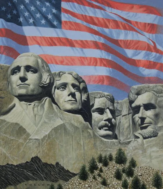 Mt. Rushmore and U.S. Flag by Howard Koslow, Acrylic on Illustration Board, sold May 2020