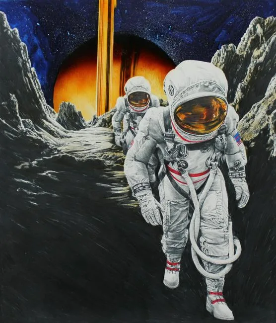 Blue Planet Space Explorers by Chris Calle, Mixed Media on Illustration Board, sold May 2020