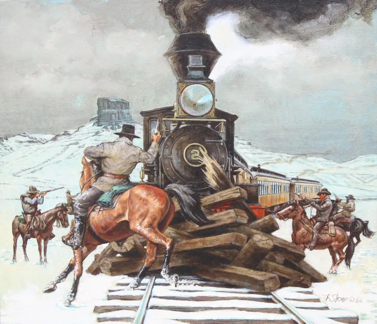 David K. Stone, Train Robbery, Oil on Canvas