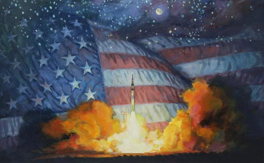 Rocket Launch by David K. Stone, Oil on Masonite, sold Jul 2020