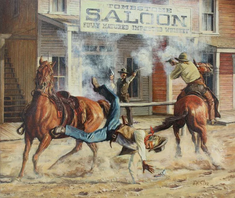 The Shootout by David K. Stone, Oil on Canvas, sold Jul 2020