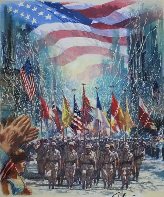 Desert Storm Triumph Parade by Dennis Lyall, Oil on Canvas board, sold Jul 2020