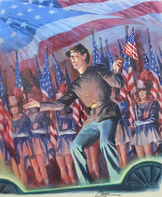 Cohan Performs by Dennis Lyall, Oil on Canvas board, sold Jul 2020