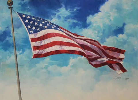 Dennis Lyall, United States Flag in Clouds, Oil on Canvas board