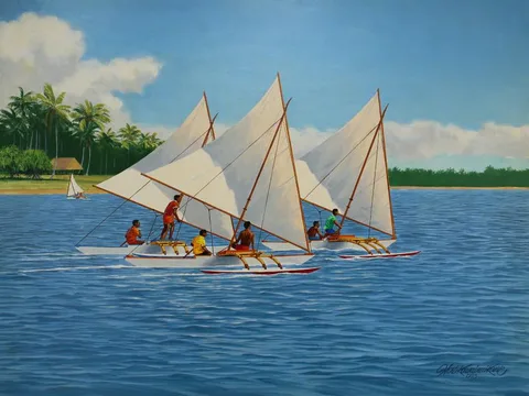 Herb Kawainui Kane, Marshallese Racing Canoes - Kor kor, Acrylic on Illustration Board