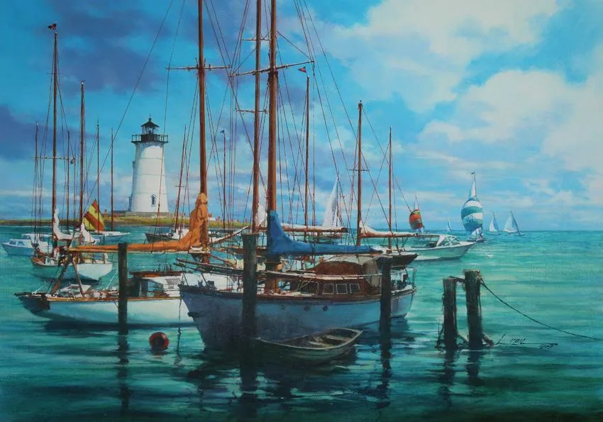 Harbor Scene with Lighthouse by Dennis Lyall, Oil on Canvas, sold Jul 2020