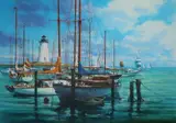 Dennis Lyall, Harbor Scene with Lighthouse