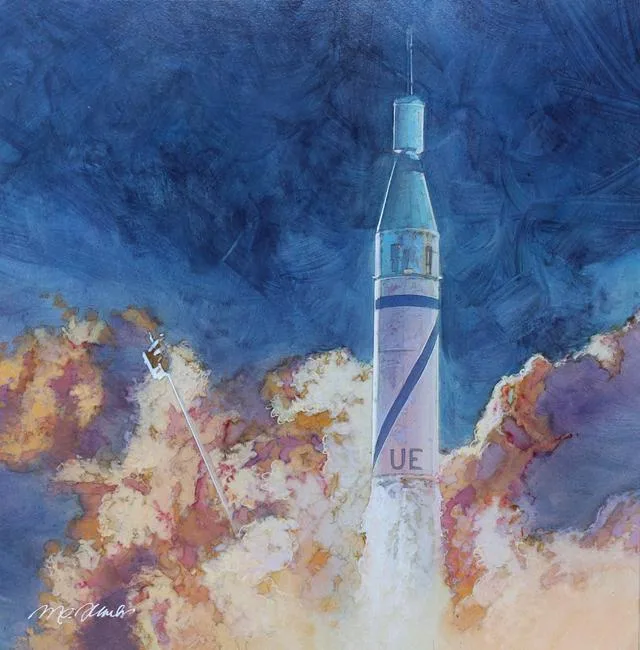 First American Satellite 1958 by Mark Schuler, Mixed Media on Illustration Board, sold Jul 2020