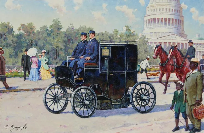 First Electric Automobile by Ivan Akimovich Sushchenko, Oil on Masonite, sold Jul 2020