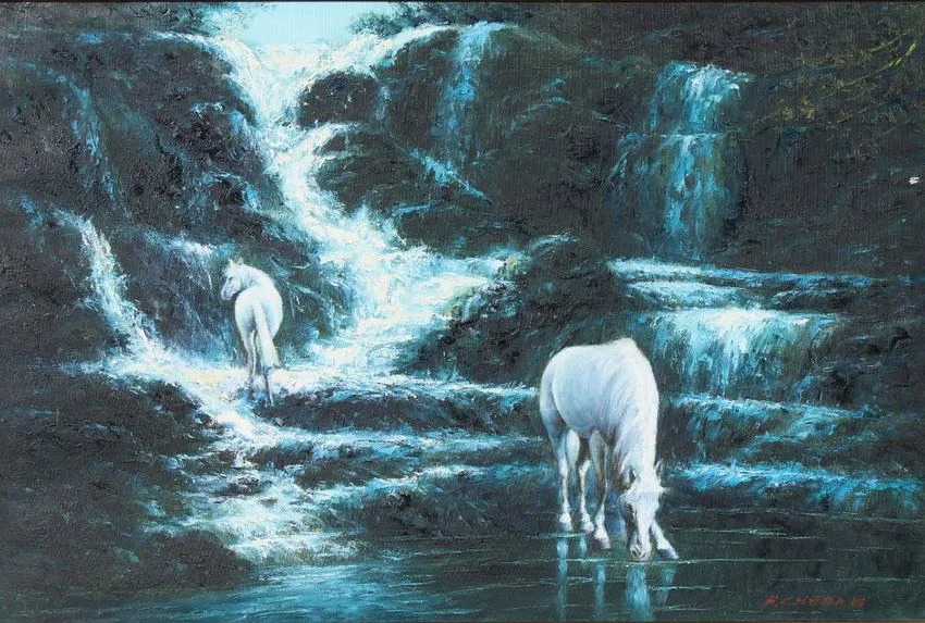 Horses by a Waterfall by H. Cheang, Oil on Canvas, offered Jul 2020
